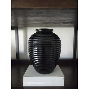 Black Cased Amber Ribbed Glass Vase 8" Mid Century Modern Art Glass Vintage